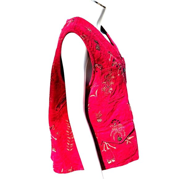 Chicos Design Red Embroidered Button Front Vest Boho Folk Art Sleeveless Jacket - Picture 4 of 9